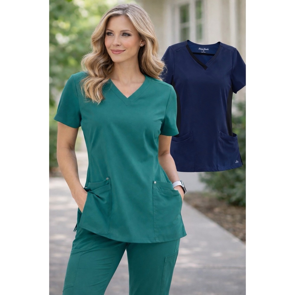 Easy Stretch Scrub Top Lot 2 Women Large Nurse Medical Uniform Navy Teal Workwea